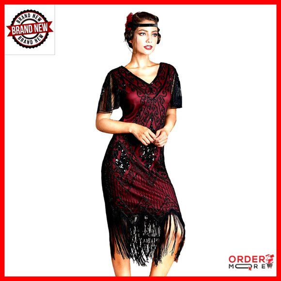 Vintage 1920s Flapper Dress with Sequins Sleeves Knee Length